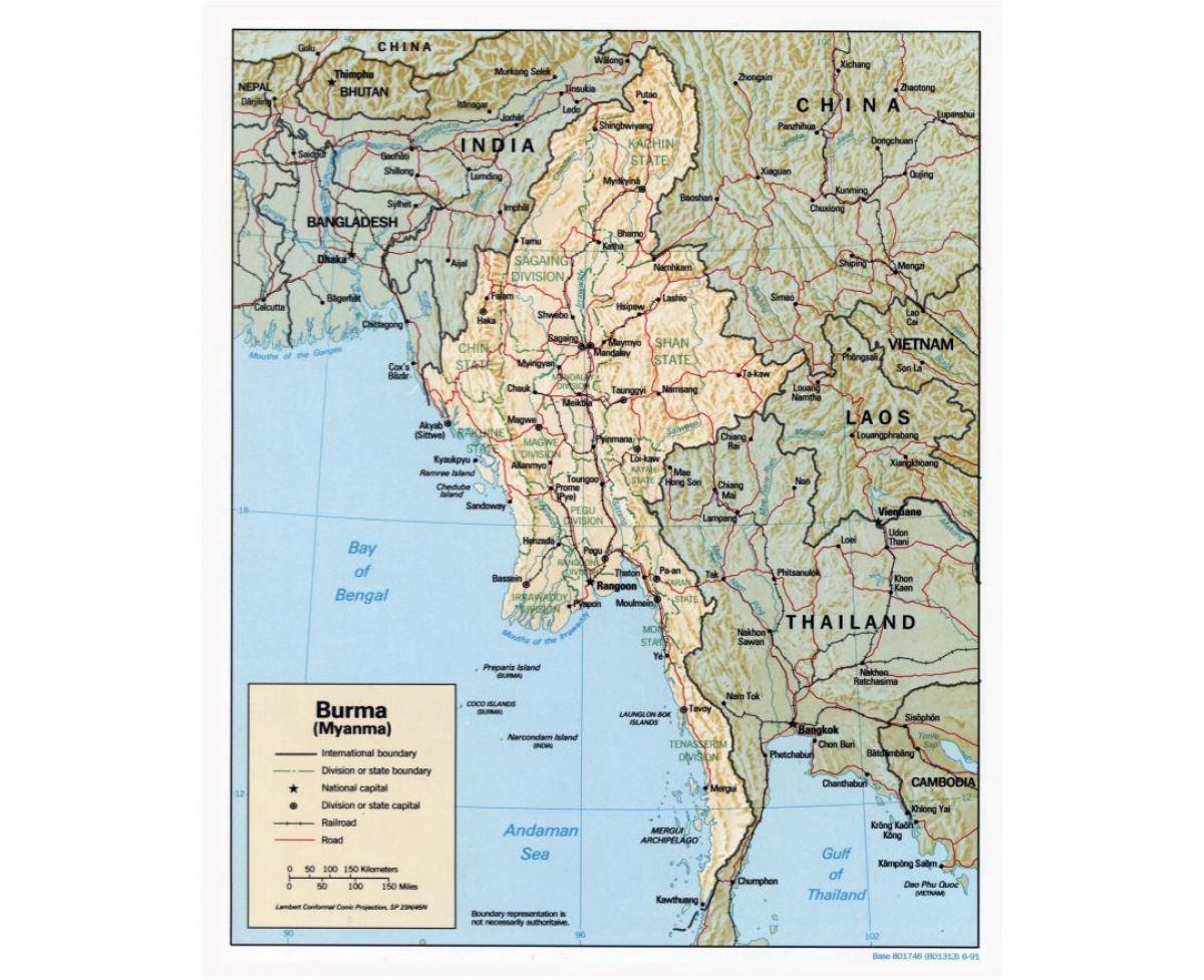 карта на Мианмар с градовете